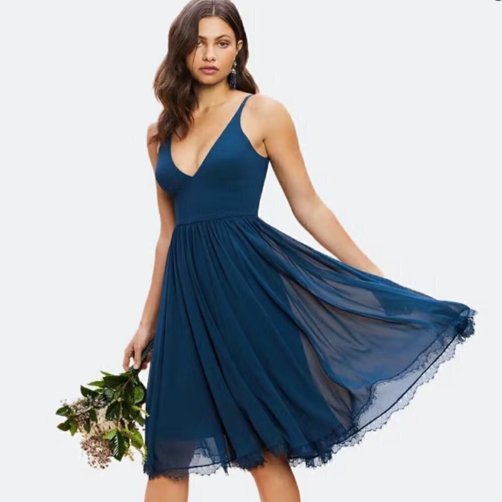 Dress The Population Alicia Mixed Media Midi‎ Dress in Peacock Blue sz M